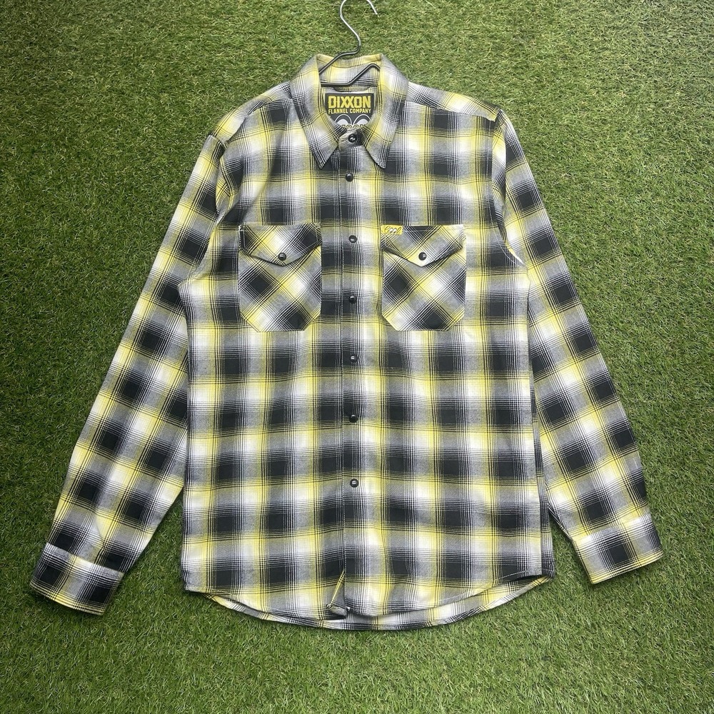 Dixxon Flannel Moon Eyes Shirt Mens Small Yellow Plaid Snap Button Long Sleeve